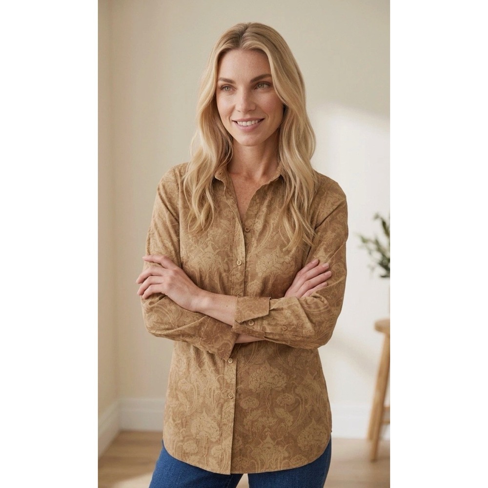 Chico's No-Iron Button Up Shirt Women's Sz 00 US 2 Floral Golden Lotus NWT $90